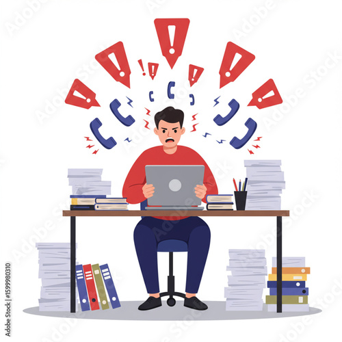 Stressed man at a desk overwhelmed by phone calls and paperwork.