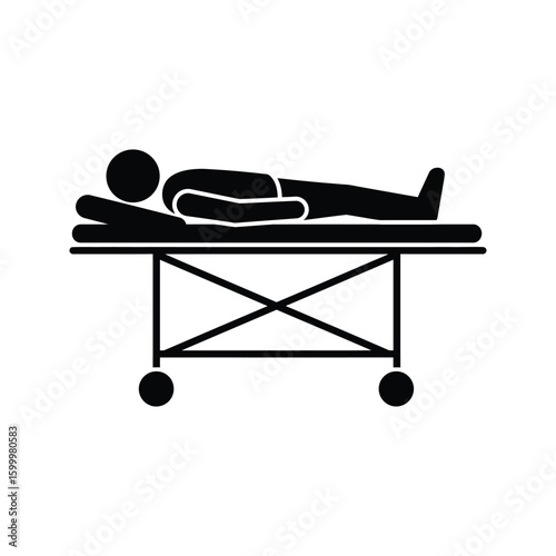 Patient on Hospital Stretcher Medical Emergency Healthcare Icon Flat Design Black and White Vector Illustration