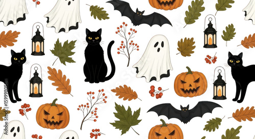 A whimsical halloween pattern featuring playful ghosts, grinning pumpkins, black cats, and flying bats amidst autumn leaves and flickering lanterns isolated on transparent background