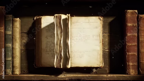 A shelf of old books holds an opened, aged, blank book in the center