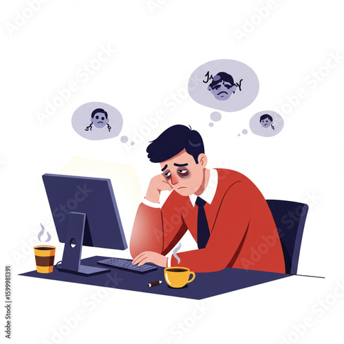 Exhausted businessman slumped over his computer, overwhelmed by stress and fatigue.