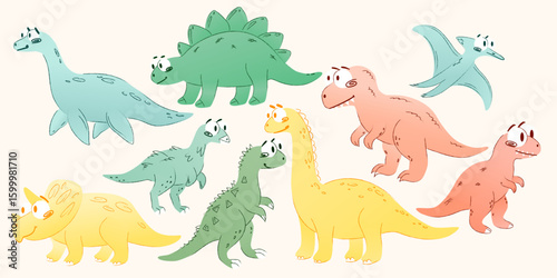 A collection of colorful cartoon dinosaurs in various shapes and sizes. Includes a stegosaurus, brontosaurus, and pterodactyl. Suitable for children's illustrations.