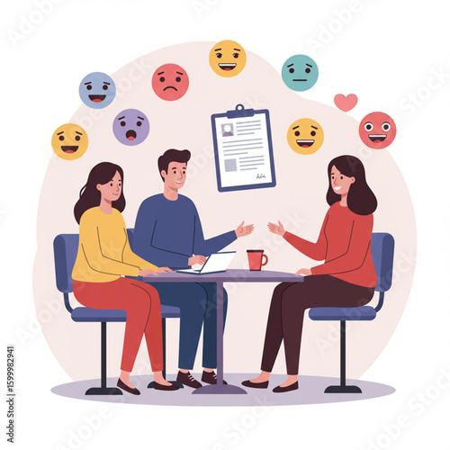 A counseling session with three individuals, surrounded by various emotional expressions.