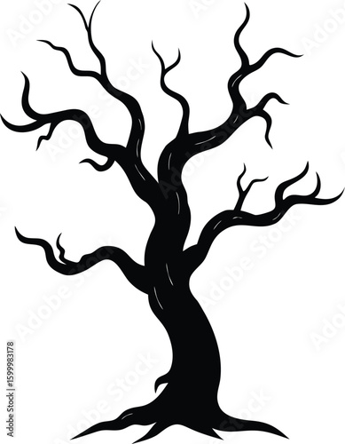 Black silhouette of a crooked forest tree with twisted branches isolated on transparent background