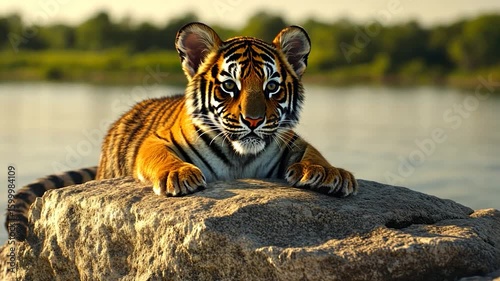 A young tiger resting on a rock by a river