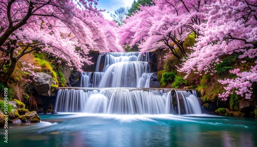 Waterfall cascading through a serene cherry blossom forest