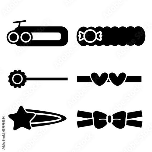 Set of cute hair pin accessories hand drawn black silhouettes collection