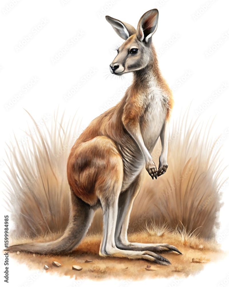 Fototapeta premium A kangaroo is standing in the desert with dry grass and a white background in a