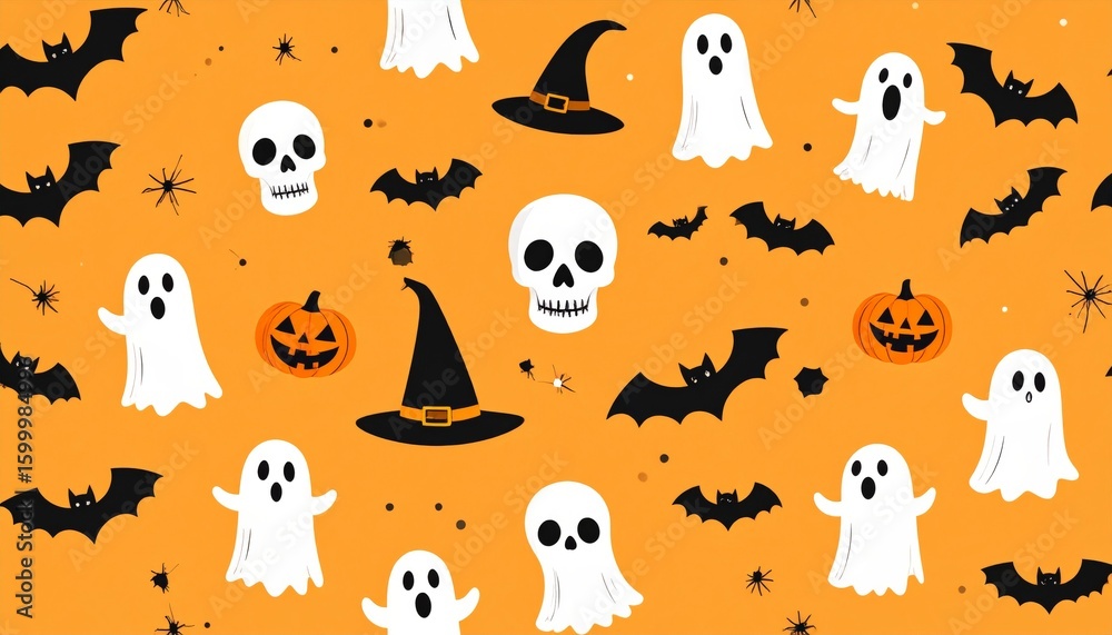 Fototapeta premium Funny cartoon Halloween animal seamless pattern background with cute cat, dog, cow, panda, bird, and ghost illustrations