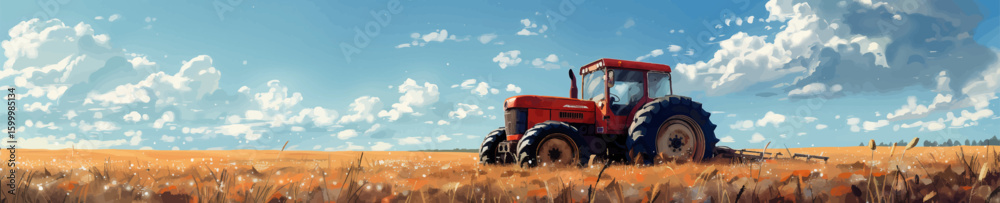 Obraz premium red tractor operating in a golden wheat field under a bright sky with dramatic clouds. Generative ai vector illustration. Wide banner image