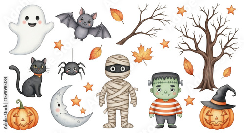 A whimsical collection of cute halloween characters including a ghost, bat, spider, mummy, frankenstein, black cat, and pumpkins isolated on transparent background