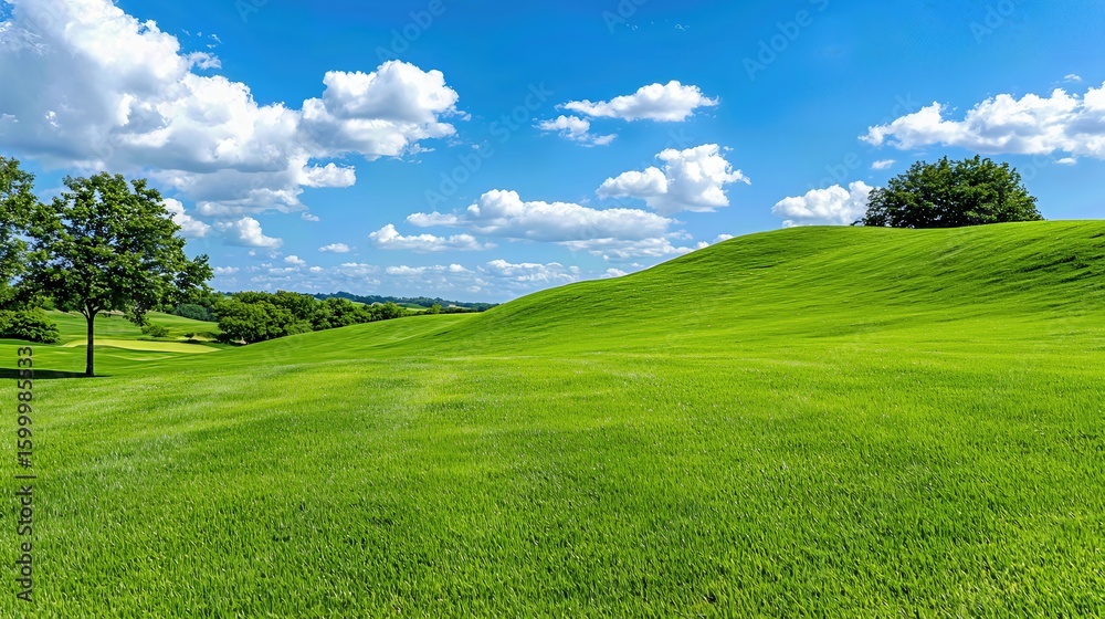 Fototapeta premium Vibrant Green Field Under a Sunny Blue Sky