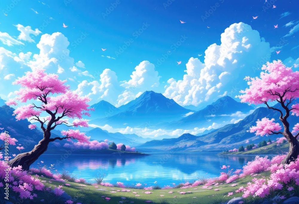Fototapeta premium A serene landscape featuring a tranquil lake reflecting majestic blue mountains under a vibrant blue sky dotted with fluffy white clouds; pink cherry blossoms frame the scene