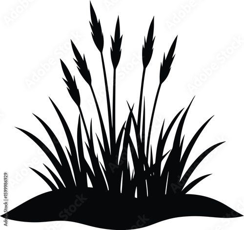 Black silhouette of sparse grass growing in sandy terrain isolated on transparent background