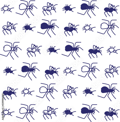 Cartoonish cluster of insects in the form of spiders.