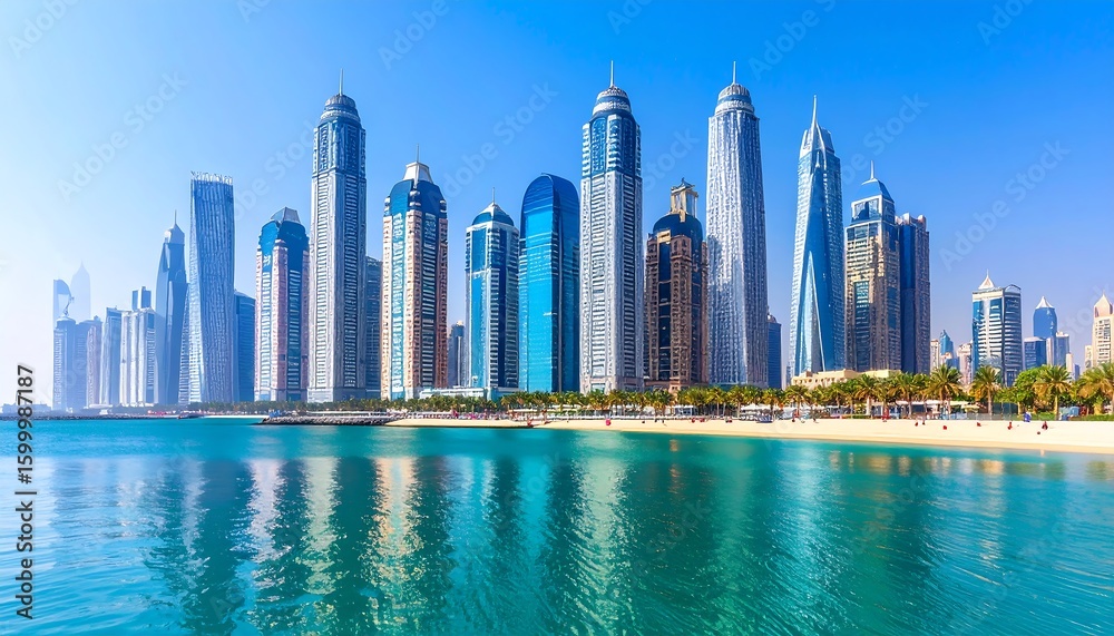 Fototapeta premium Panoramic view of modern skyscrapers on a waterfront