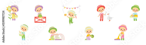 Adorable Little Boy Farmer Work in Garden Vector Set