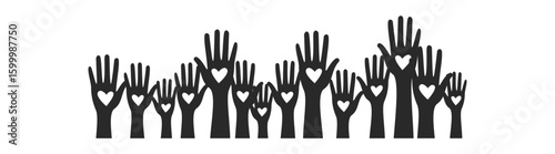 Volunteer hand raised, group charity relief work, election voting icon, human silhouette arm, palm illustration, indigenous culture, inspiration, vector, transparent background