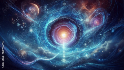 Cosmic Pathway: A vibrant and awe-inspiring image of a cosmic pathway stretching toward an infinite light within a vortex of celestial bodies and energies.