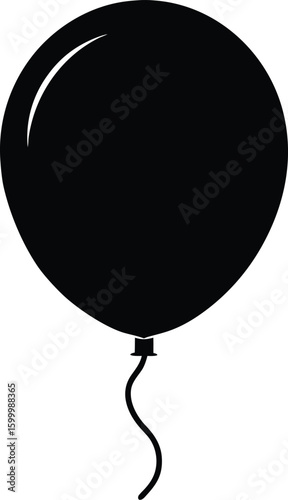 Black silhouette of a floating party balloon with string isolated on transparent background