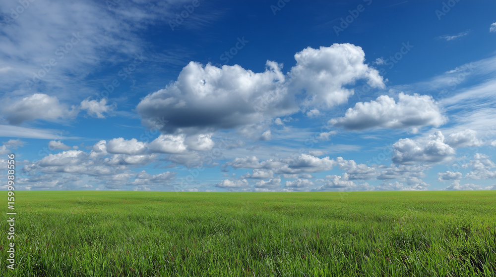 Obraz premium Lush Green Field Under Bright Blue Sky with Fluffy White Clouds in the Background