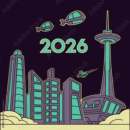 Retro Future Cityscape Celebrating the Year 2026 Featuring Flying Vehicles and Modern Architecture in a Stylized and Colorful Design