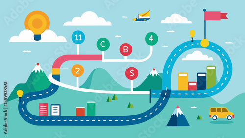 Road map illustration with mountains clouds lightbulb and various other business related icons shown