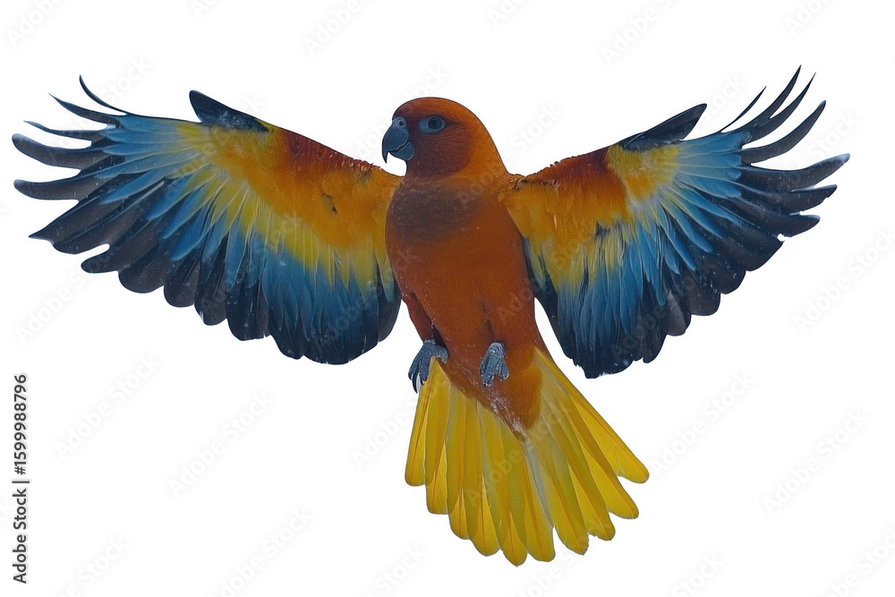 Obraz premium Parrot Spreads its Wings wide Against Black and Vivid Feathers Contrast.