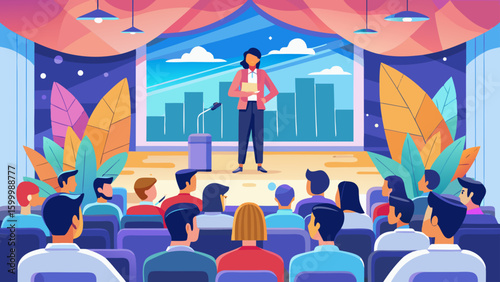 Woman giving a presentation on stage to an audience in a conference hall with city backdrop view