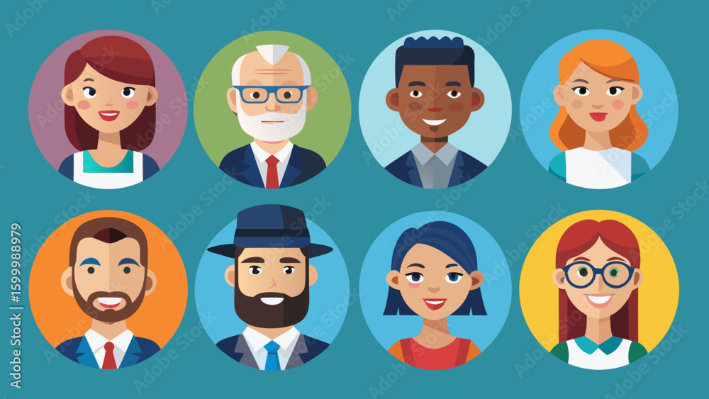 Diverse group of cartoon people avatars in circles with various hairstyles and clothing styles displayed Diverse group of cartoon people avatars in circles with various hairstyles and clothing styles displayed