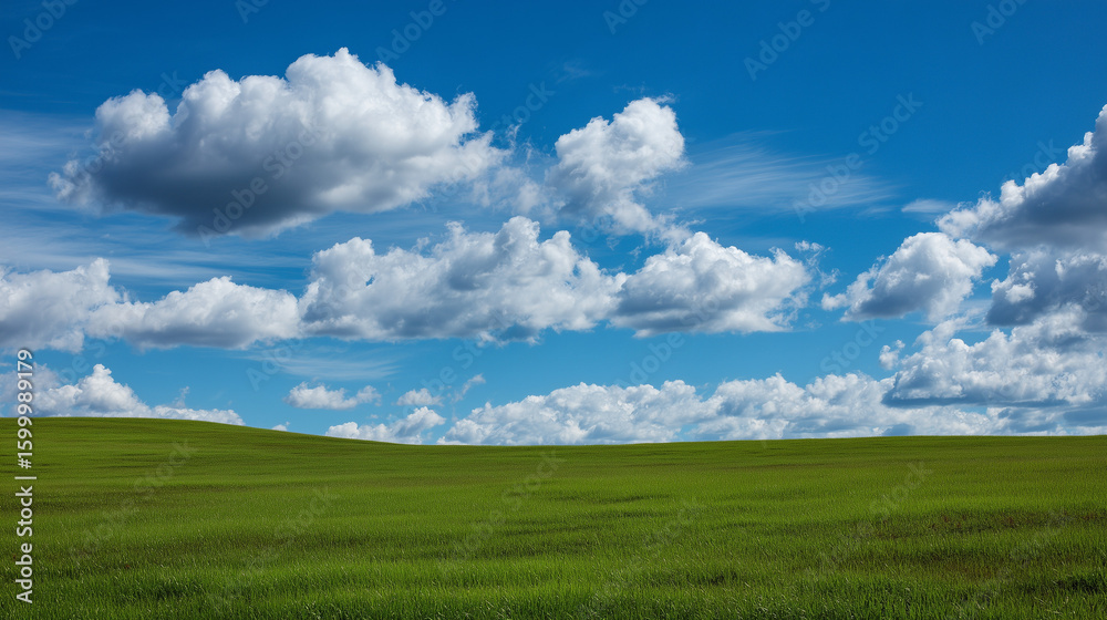 Lush Green Field Under Bright Blue Sky with Fluffy White Clouds in the Background Lush Green Field Under Bright Blue Sky with Fluffy White Clouds in the Background