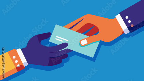Illustration of two hands exchanging a light blue business card against a blue background art style