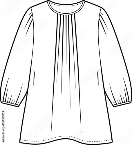 Women's Pintuck Blouse or Dress Outline Sketch: Elegant Apparel Design with Gathered Details and Full Sleeves, Ideal for Fashion Illustration and Technical Drawings.