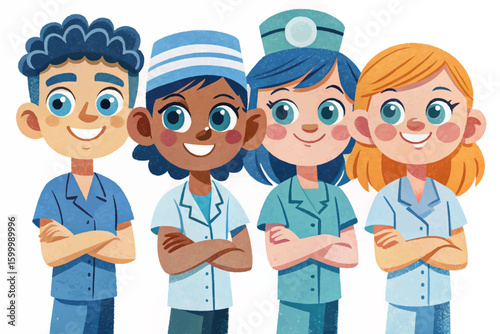 set of medical workers including doctors and nurses wearing professional uniforms. Healthcare staff characters for hospital, clinic, medical posters, apps, and educational visuals