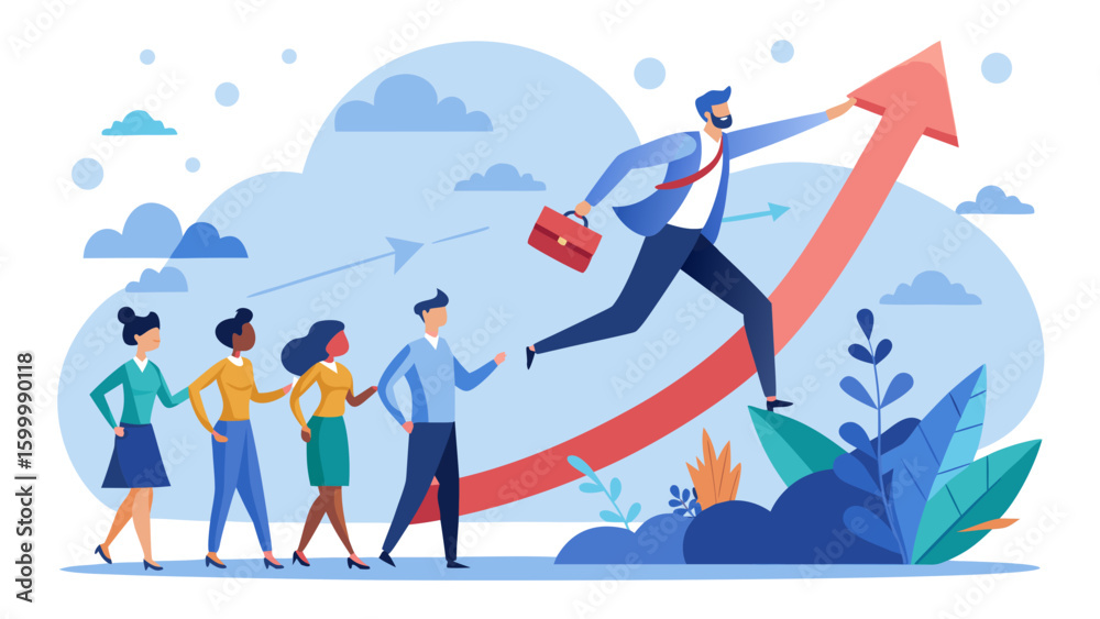 Business team following leader jumping over arrow symbolizing growth and success in a company vision Business team following leader jumping over arrow symbolizing growth and success in a company vision