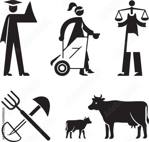 Graduation cap robe person segway rider scales of justice farmer tools cows vector