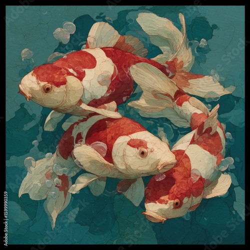 Three Koi Fish Swim in Teal Water Ink Wash Painting