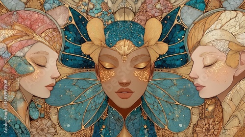 Three Women with Pastel Wings and Gold Accents