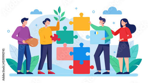 People collaborate to assemble a colorful jigsaw puzzle with teamwork and problem solving skills shown