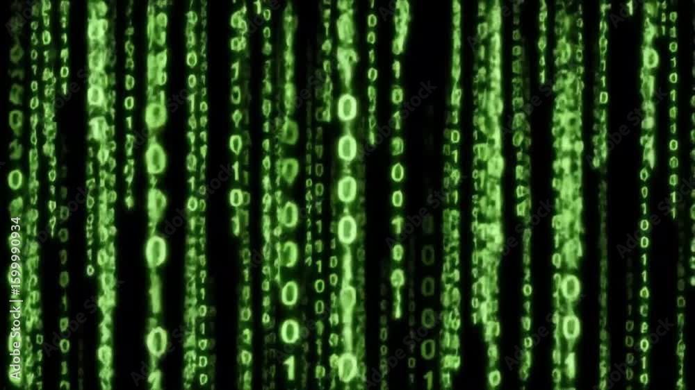 Glowing green binary numbers (0s and 1s) fall vertically on black background. Random code streams, Matrix-style digital animation. Futuristic, seamless loop.