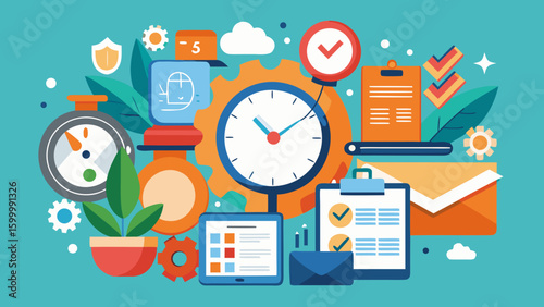 Illustration showing time management with clock checklist and other business elements design concept