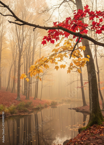 4K Autumn Forest with colorful leaves and stream