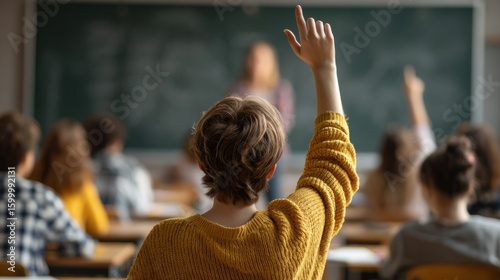 Student raising hand in class