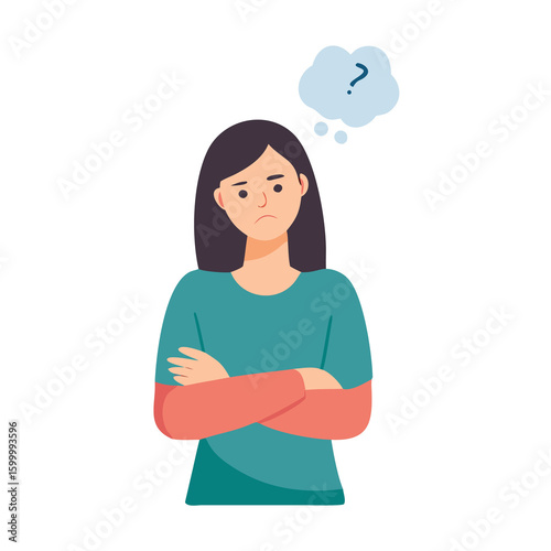 Illustration of a Thoughtful Woman with Arms Crossed and a Question Mark Bubble, Ideal for Concepts of Confusion, Problem-Solving, and Decision-Making Scenarios