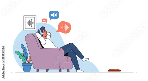 Relaxed person enjoying music or audio content while sitting in a comfortable chair at home