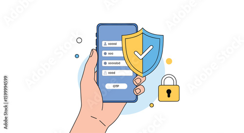 Secure online mobile application login and account protection featuring shield and lock icons