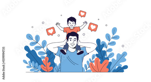 A father carries his son on his shoulders surrounded by love and nature a happy family moment