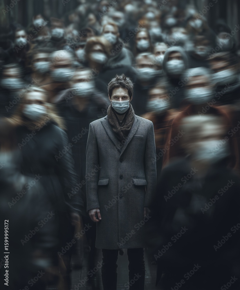 A man in a coat and mask stands amidst a blurred crowd, appearing isolated. The image evokes a sense of solitude and the impact of social distancing. Alone among the crowd. A man in a coat and mask stands amidst a blurred crowd, appearing isolated. The image evokes a sense of solitude and the impact of social distancing. Alone among the crowd.