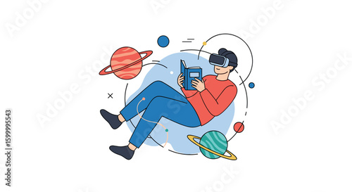 Immersive virtual reality experience exploring futuristic digital worlds and interstellar exploration