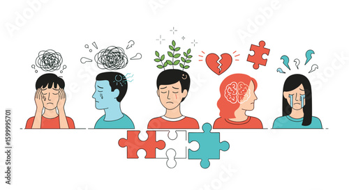 Understanding diverse emotional states and mental well being illustrated through people and puzzle pieces